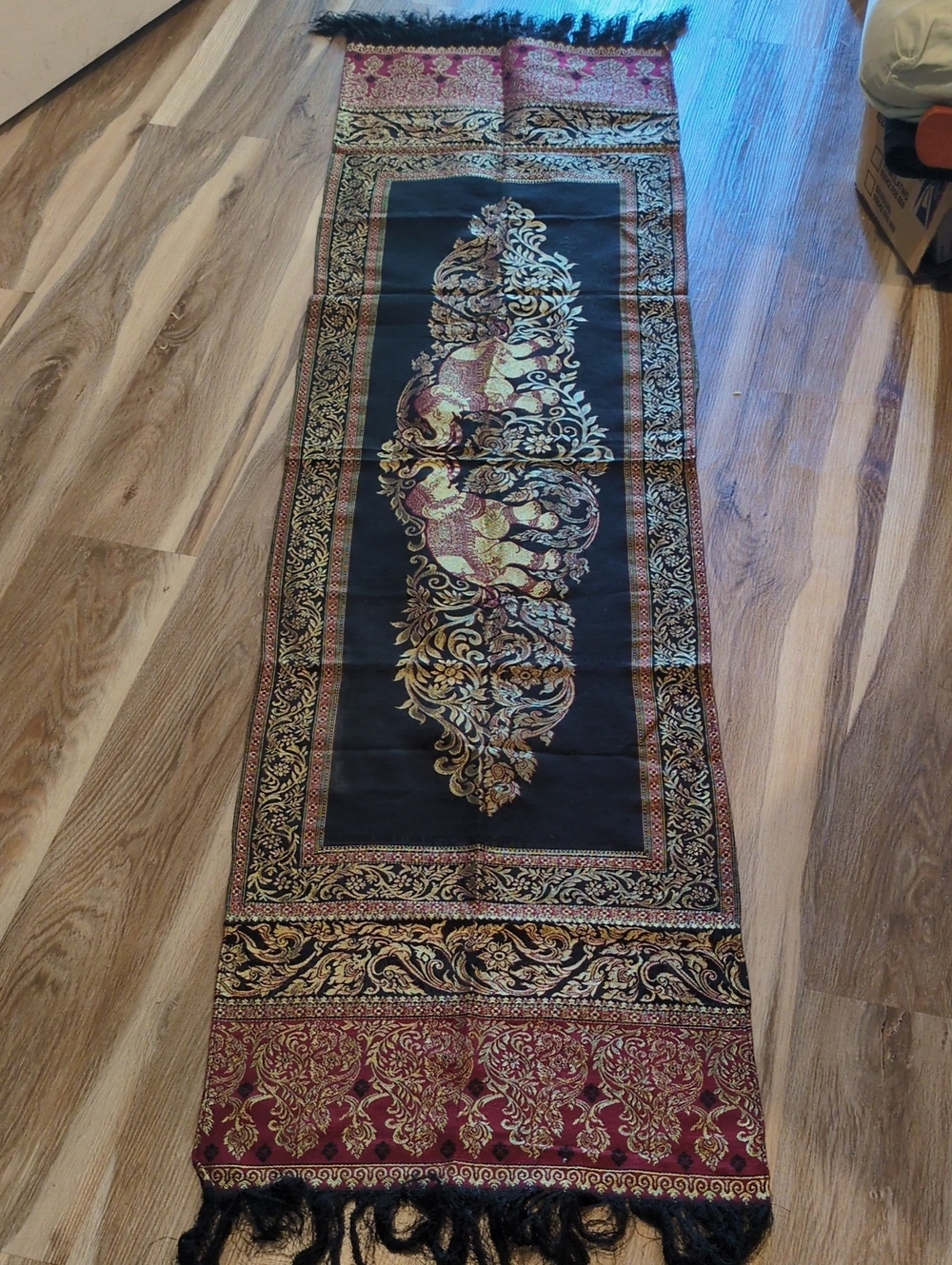 Decorative Black and Gold Wall Tapestry Runner Or Shawl with Burgundy Accents